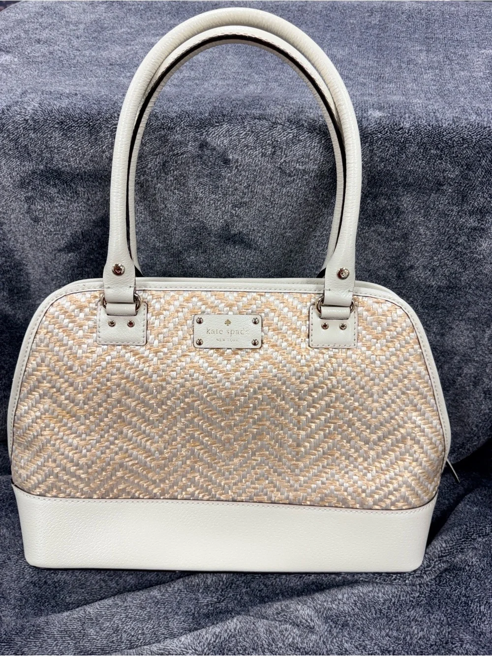 kate spade Cream Woven Dome Tote with White Trim